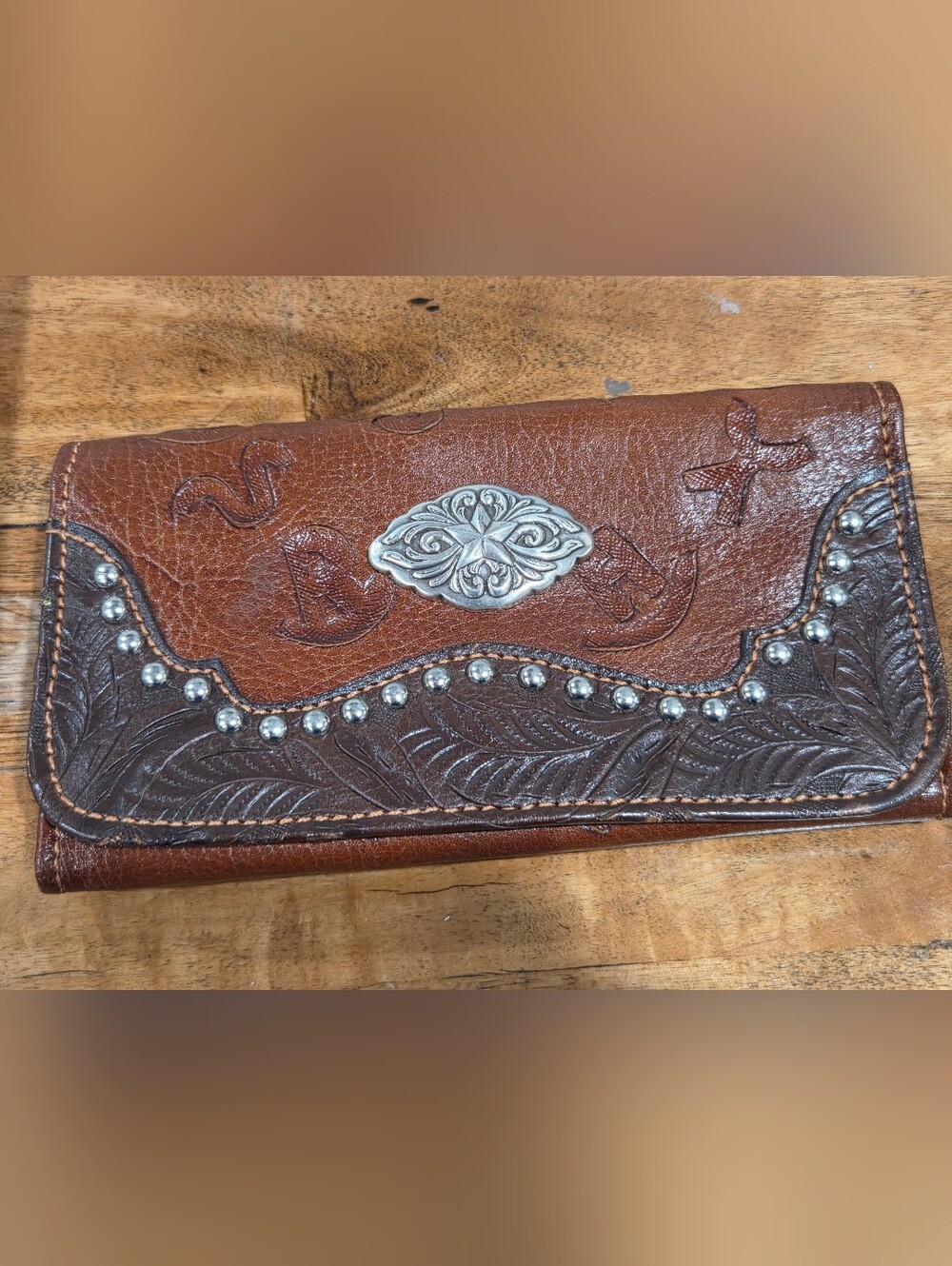American West Genuine Leather Western Tooled Checkbook Wallet Brown Concho